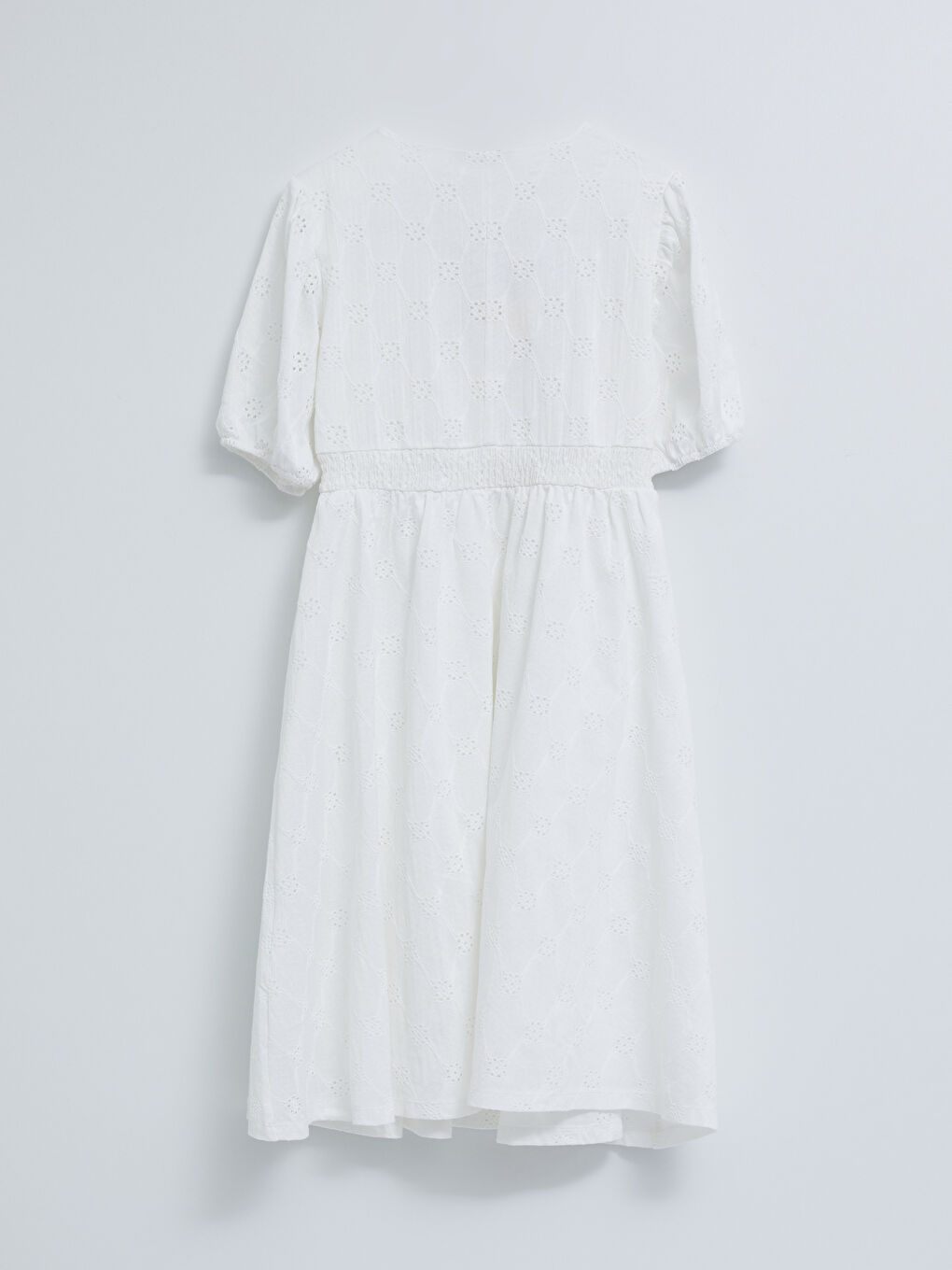 Ekru V Yaka Kendinden Desenli Kısa Kollu Poplin Hamile Elbise-6