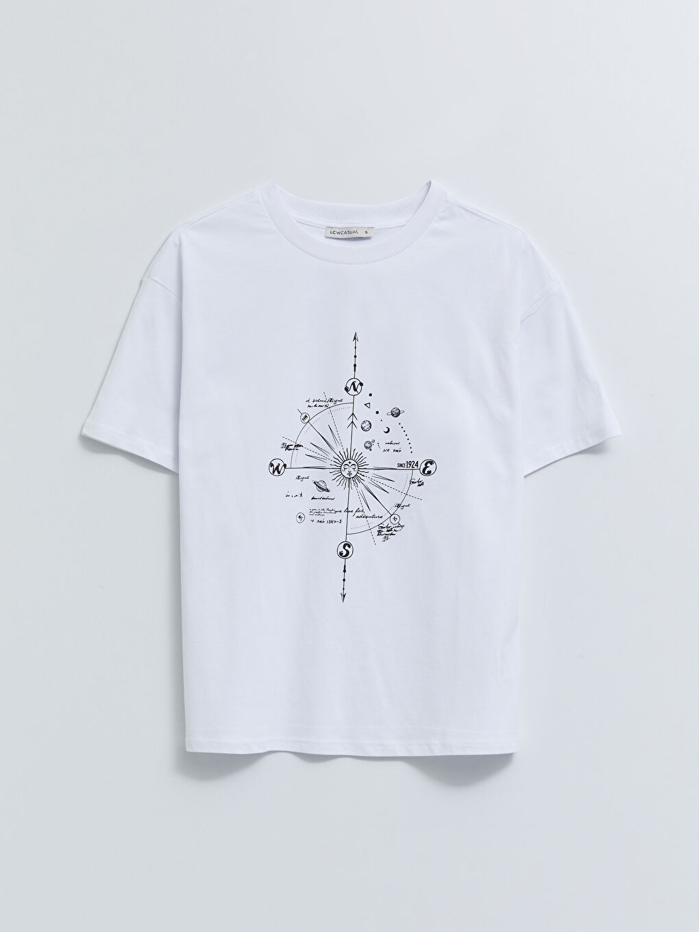 Beyaz Bisiklet Yaka Baskılı Kısa Kollu Pamuklu Kadın Tişört-5