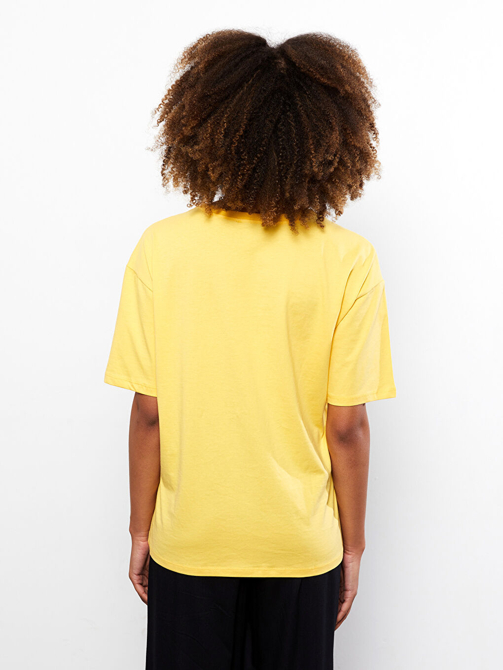 Sarı Bisiklet Yaka Baskılı Kısa Kollu Pamuklu Kadın Tişört-4
