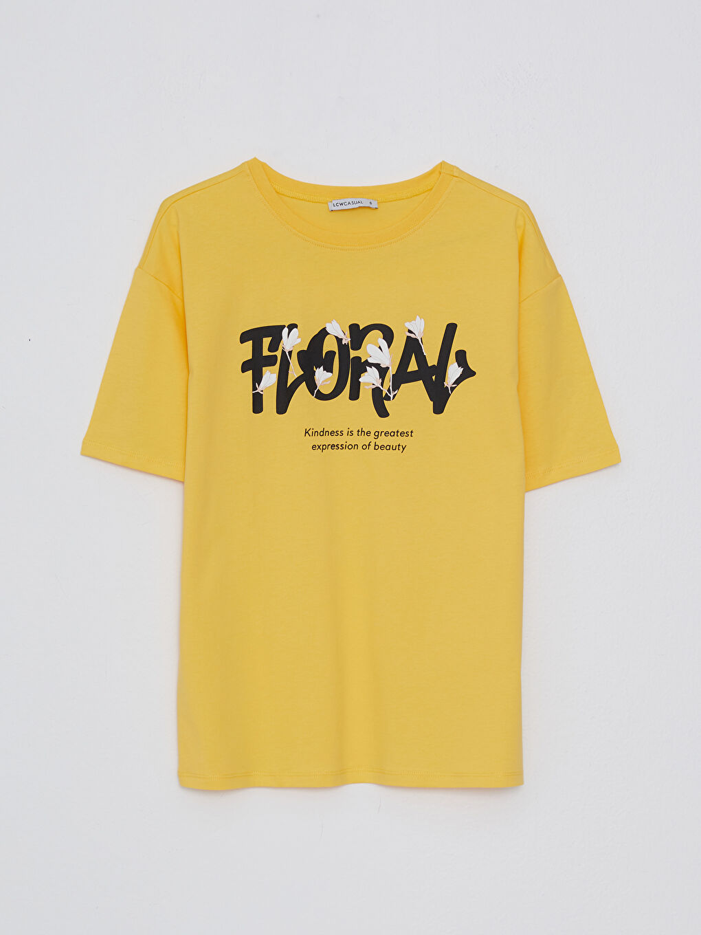 Sarı Bisiklet Yaka Baskılı Kısa Kollu Pamuklu Kadın Tişört-5