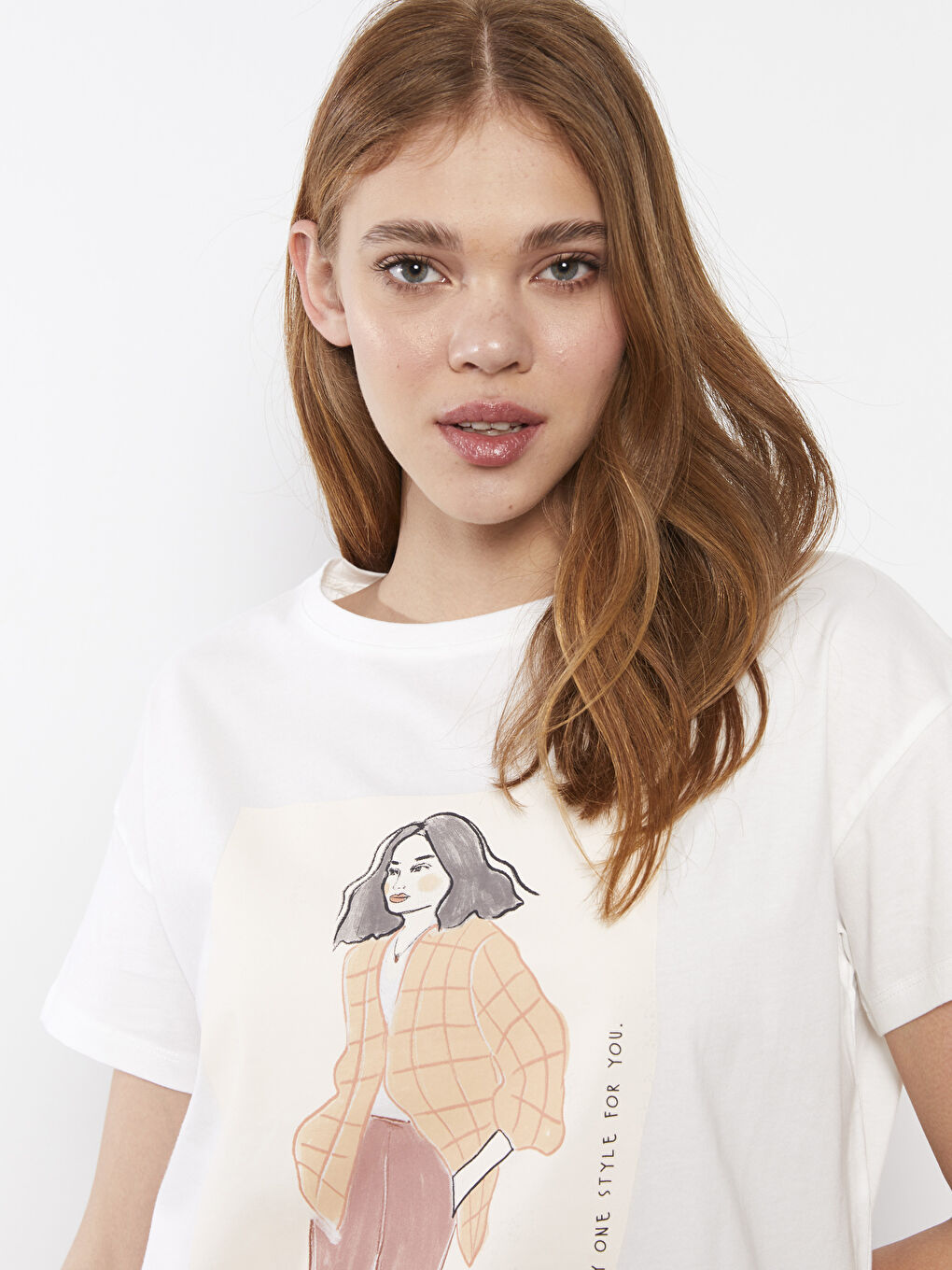 Ekru Bisiklet Yaka Baskılı Kısa Kollu Pamuklu Kadın Tişört-2