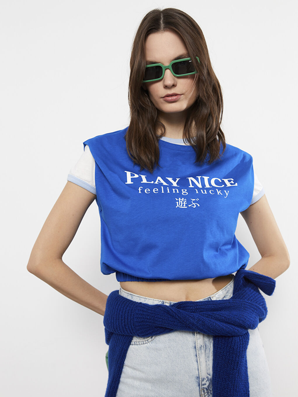 Mavi Bisiklet Yaka Baskılı Kısa Kollu Kadın Tişört-1