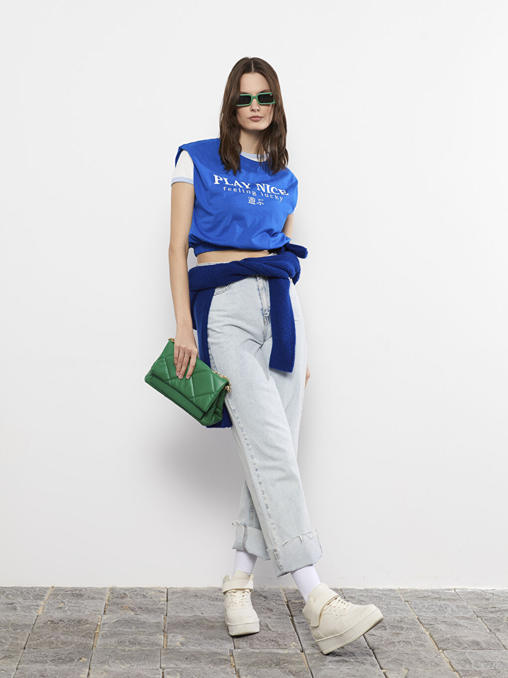 Mavi Bisiklet Yaka Baskılı Kısa Kollu Kadın Tişört-2