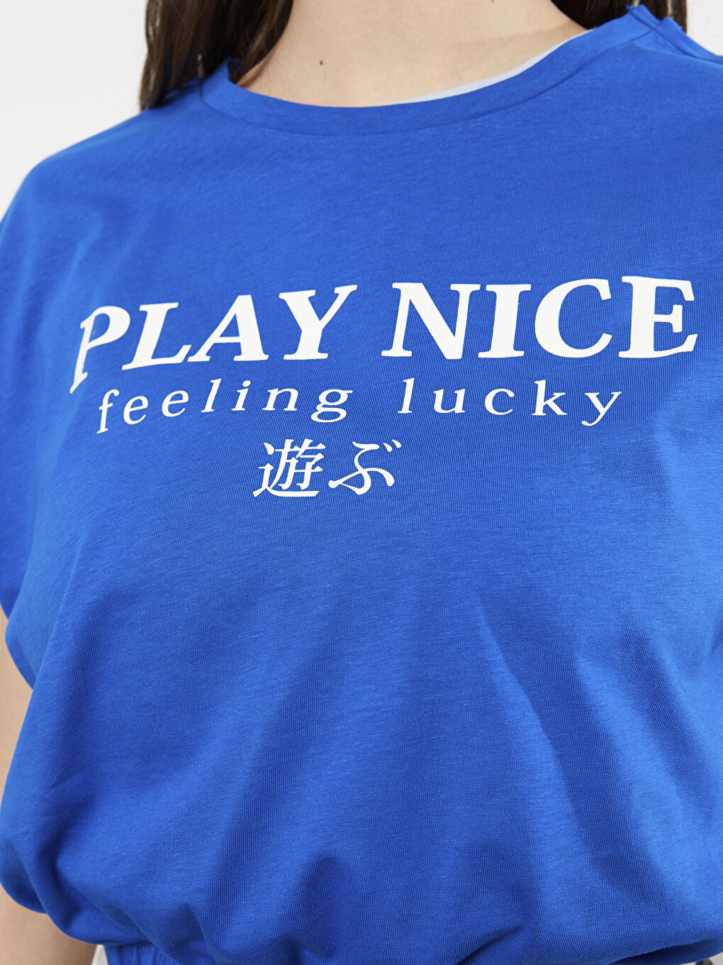 Mavi Bisiklet Yaka Baskılı Kısa Kollu Kadın Tişört-3