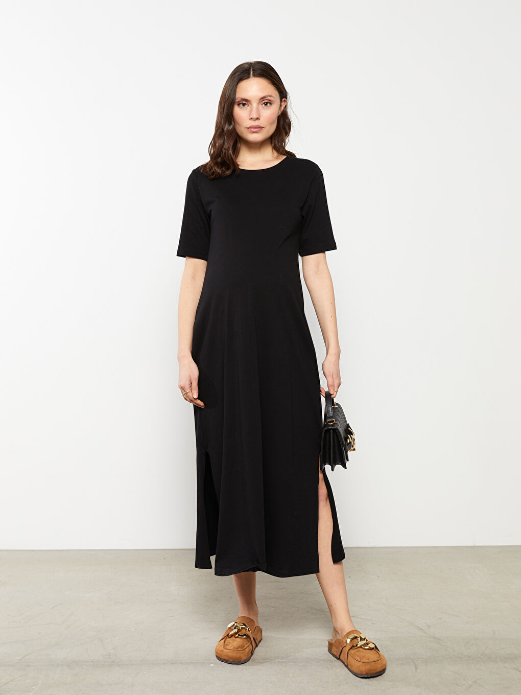 Siyah Bisiklet Yaka Düz Kısa Kollu Pamuklu Hamile Elbise