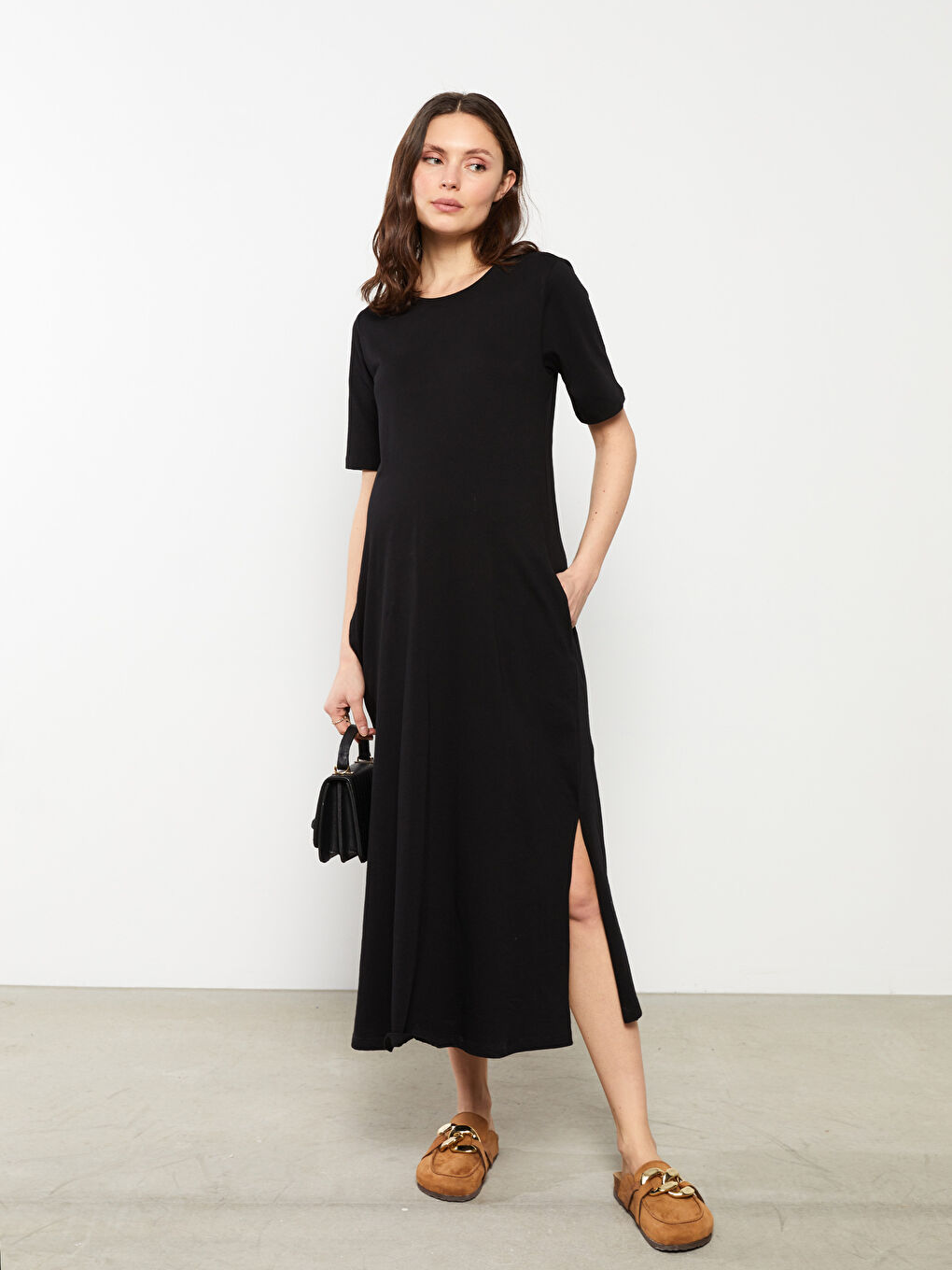 Siyah Bisiklet Yaka Düz Kısa Kollu Pamuklu Hamile Elbise-1