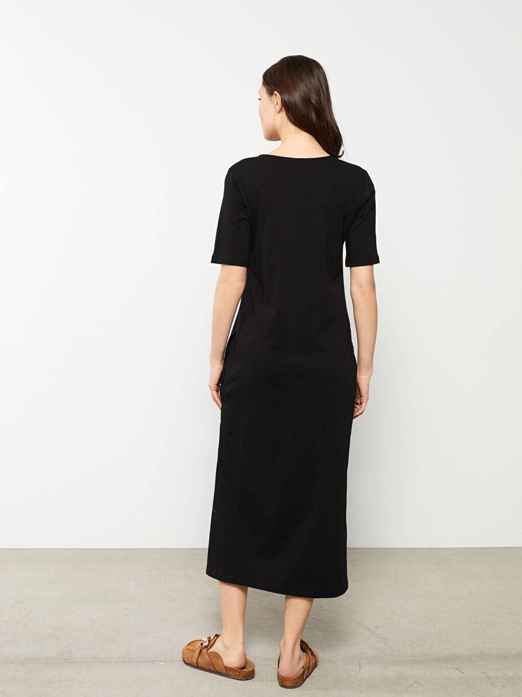 Siyah Bisiklet Yaka Düz Kısa Kollu Pamuklu Hamile Elbise-4