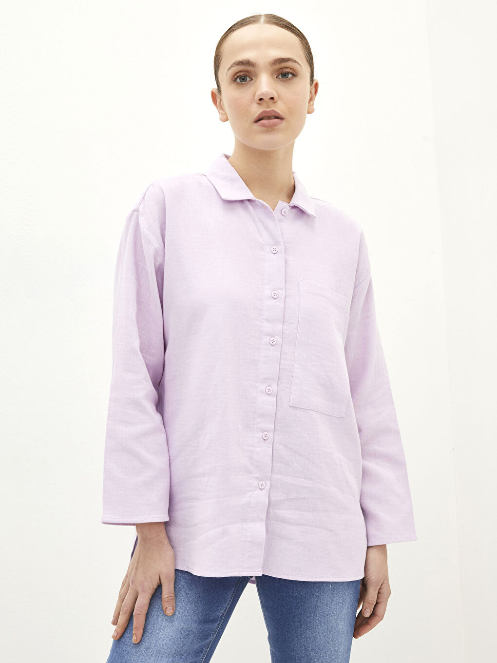 Lila Önden Düğme Kapamalı Düz Uzun Kollu Oversize Müslin Kumaş Kadın Gömlek