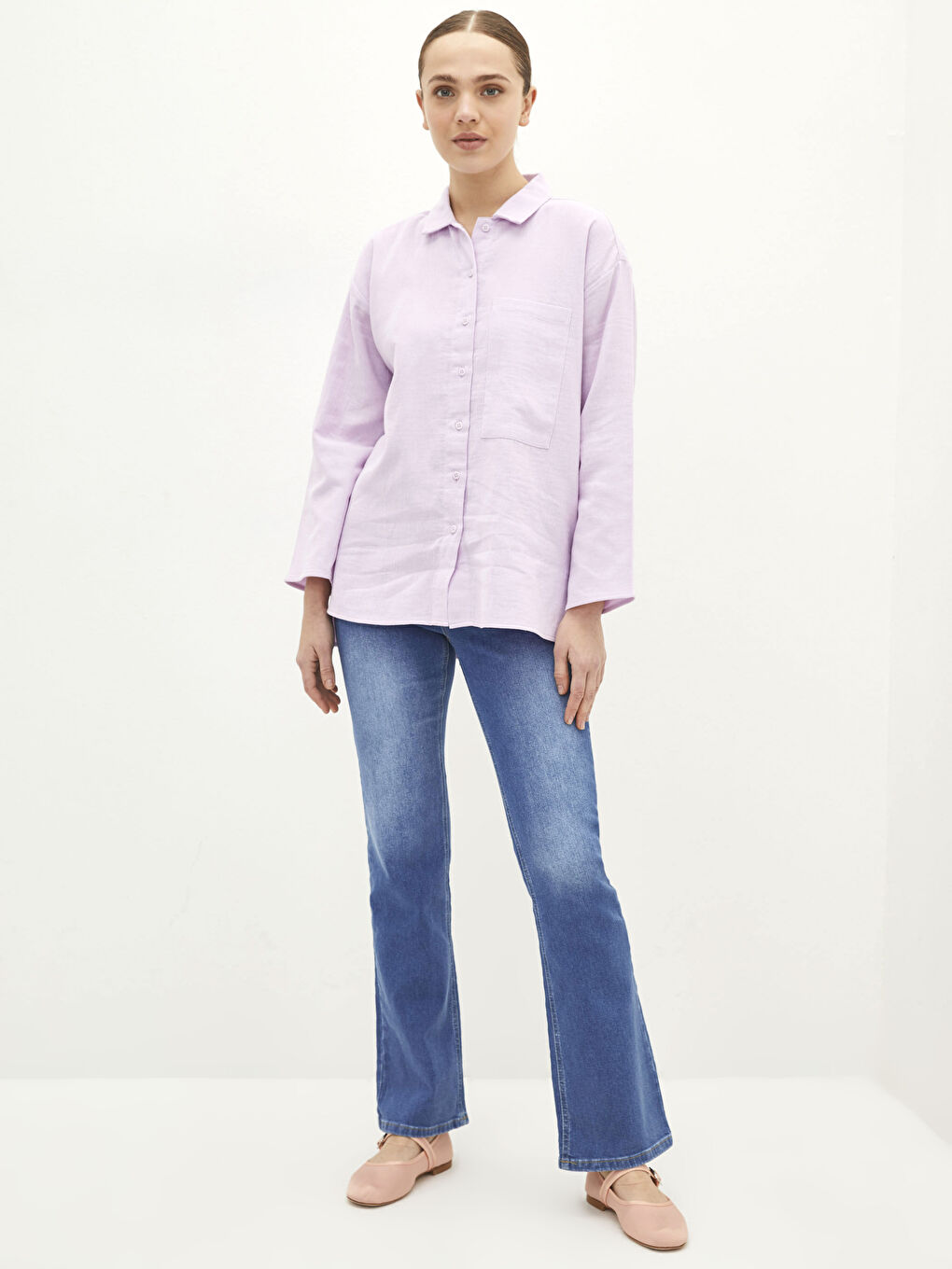 Lila Önden Düğme Kapamalı Düz Uzun Kollu Oversize Müslin Kumaş Kadın Gömlek-1