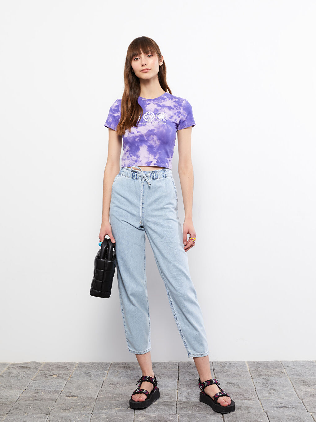 Lila Bisiklet Yaka Baskılı Kısa Kollu Kadın Crop