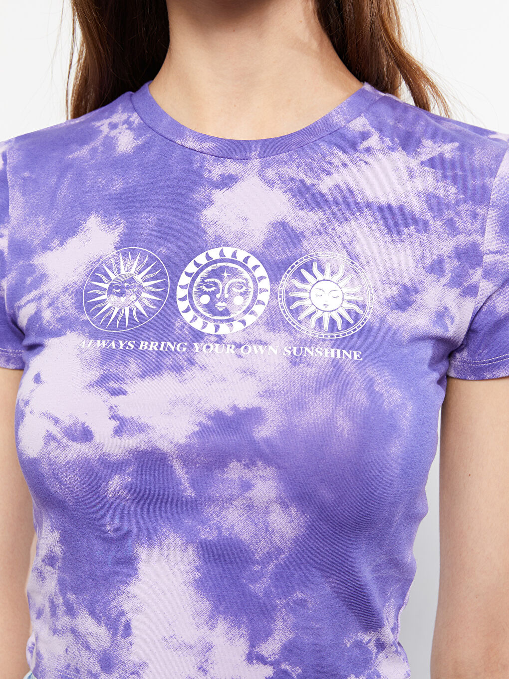 Lila Bisiklet Yaka Baskılı Kısa Kollu Kadın Crop-3