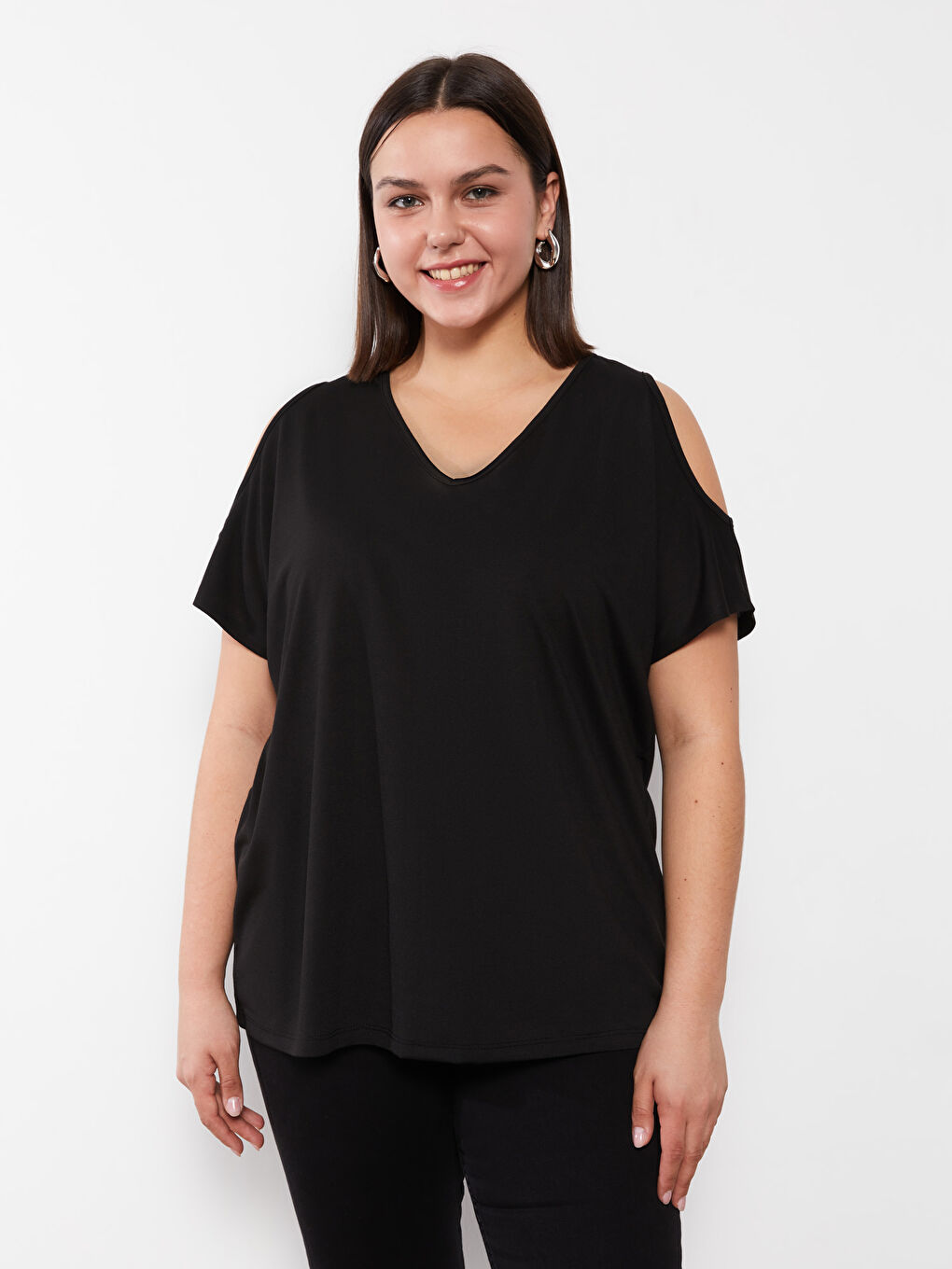 Plus Size V Neck Straight Short Sleeve Women T-Shirt-3