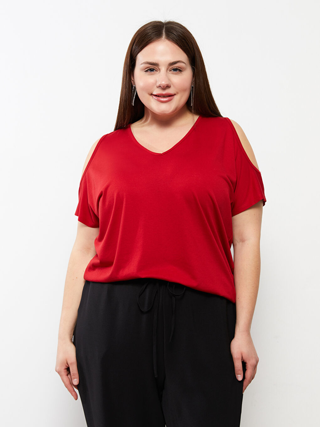Kırmızı Büyük Beden V Yaka Düz Kısa Kollu Kadın Tişört-1