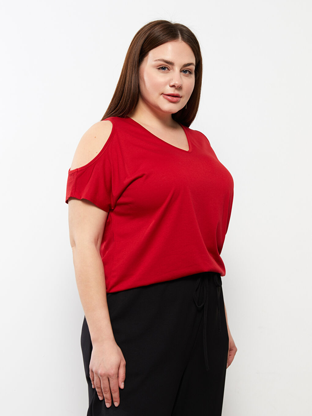 Kırmızı Büyük Beden V Yaka Düz Kısa Kollu Kadın Tişört-2