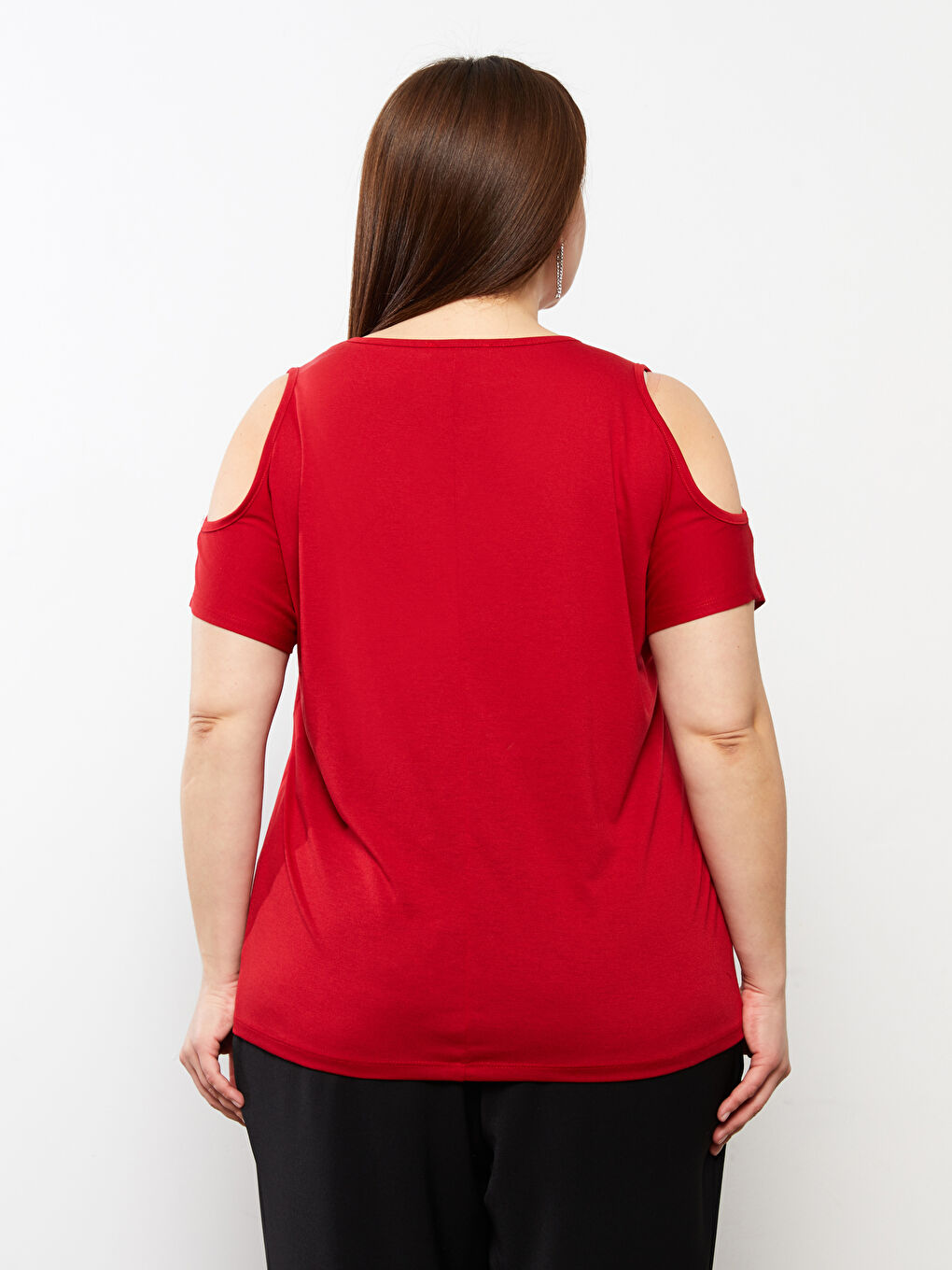 Kırmızı Büyük Beden V Yaka Düz Kısa Kollu Kadın Tişört-4