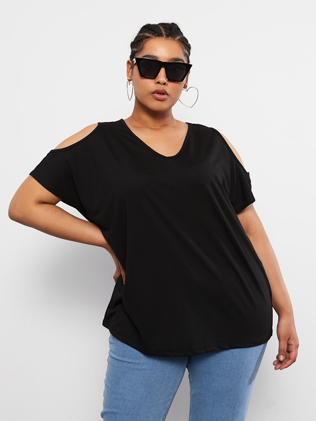 Plus Size V Neck Straight Short Sleeve Women T-Shirt-2