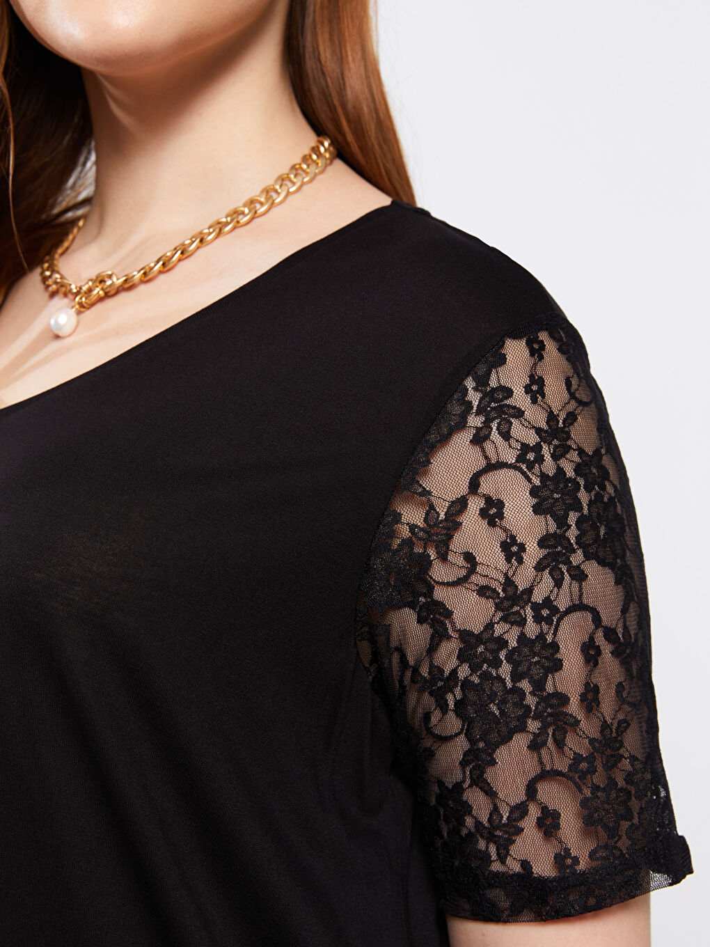 Siyah Büyük Beden V Yaka Düz Kısa Kollu Kadın Tişört-11