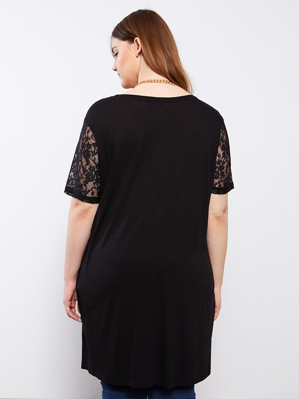 Siyah Büyük Beden V Yaka Düz Kısa Kollu Kadın Tişört-14