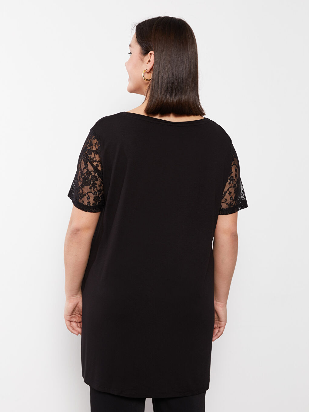 Siyah Büyük Beden V Yaka Düz Kısa Kollu Kadın Tişört-13