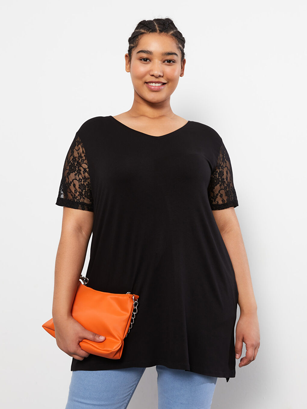 Siyah Büyük Beden V Yaka Düz Kısa Kollu Kadın Tişört-6