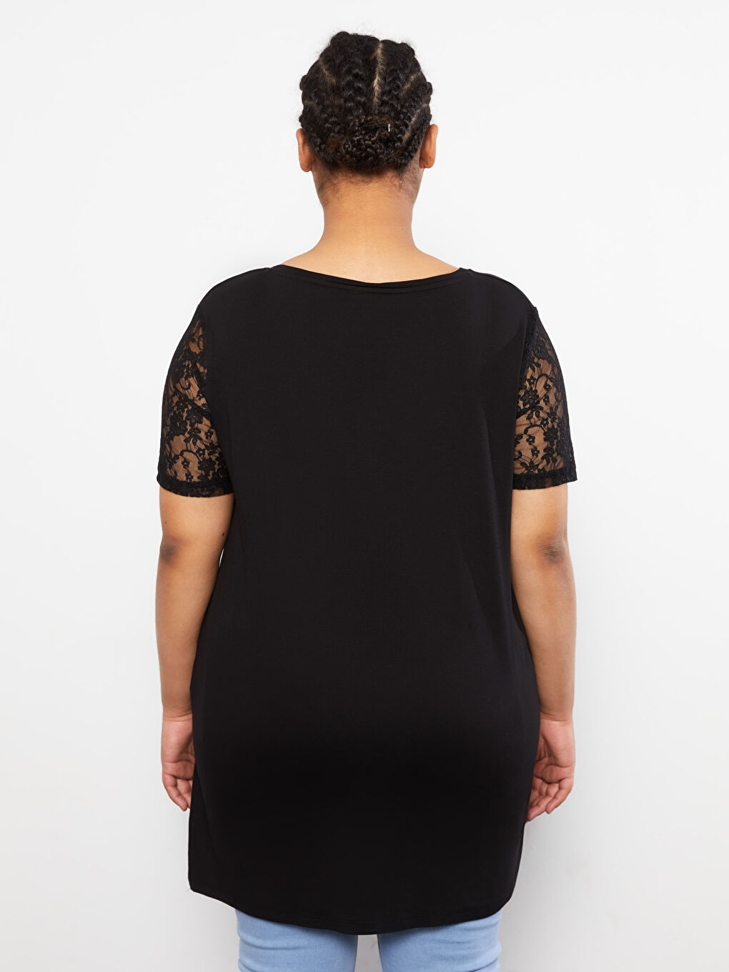 Siyah Büyük Beden V Yaka Düz Kısa Kollu Kadın Tişört-12