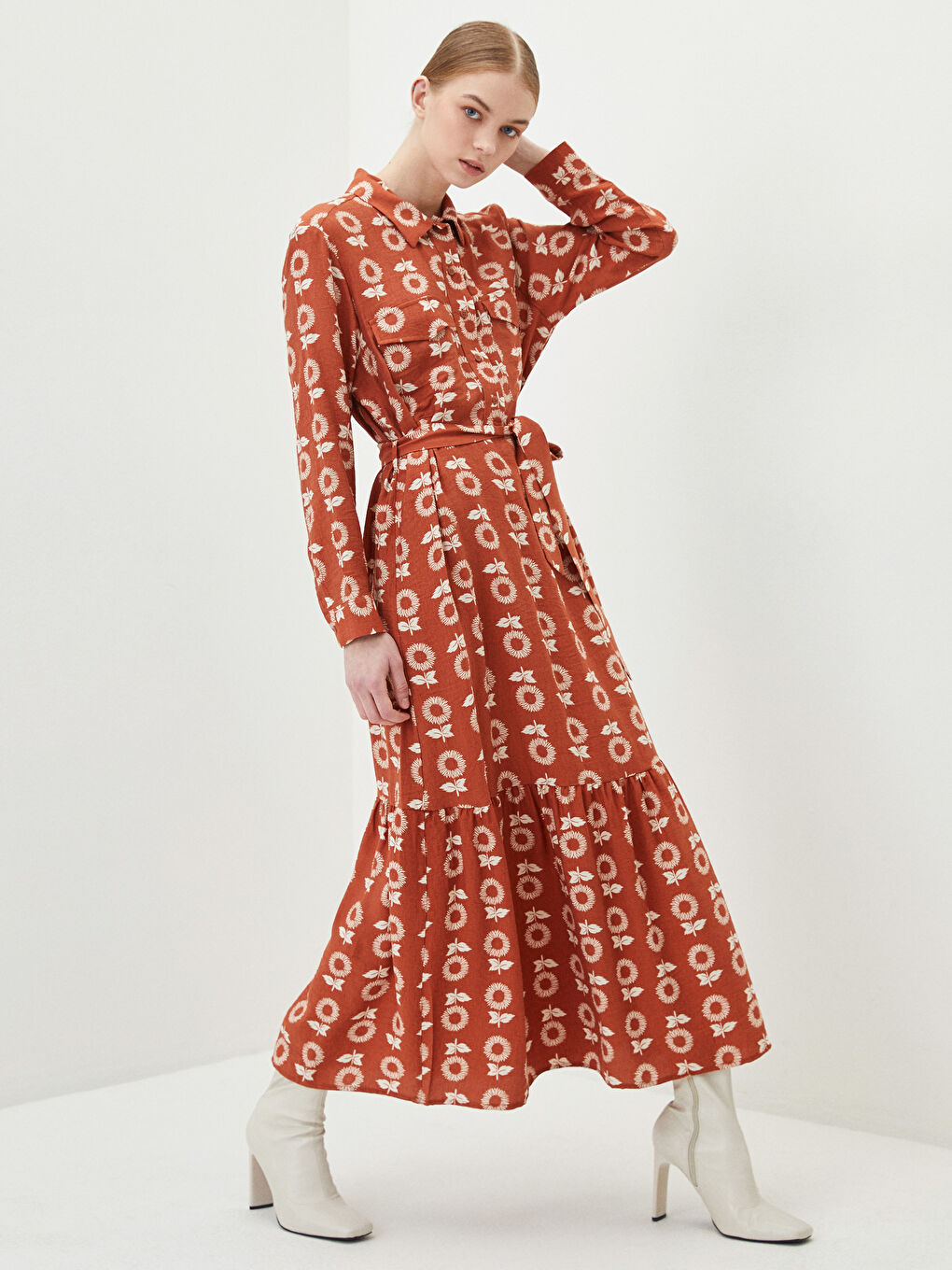 Shirt Neck Flower Long Sleeve Poplin Women's Dress