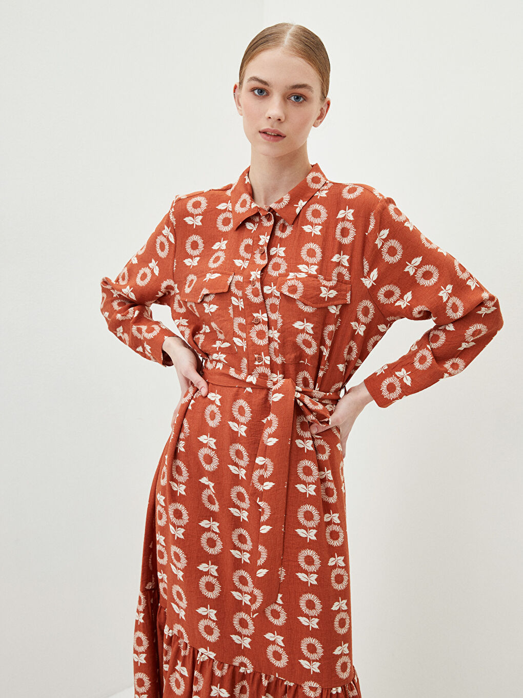 Shirt Neck Flower Long Sleeve Poplin Women's Dress-1