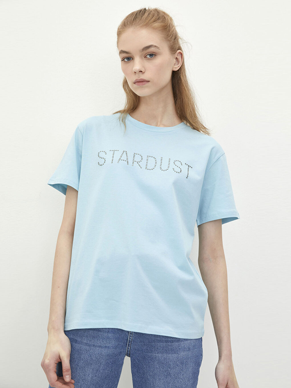 Mavi Bisiklet Yaka Baskılı Kısa Kollu Pamuklu Kadın Tişört