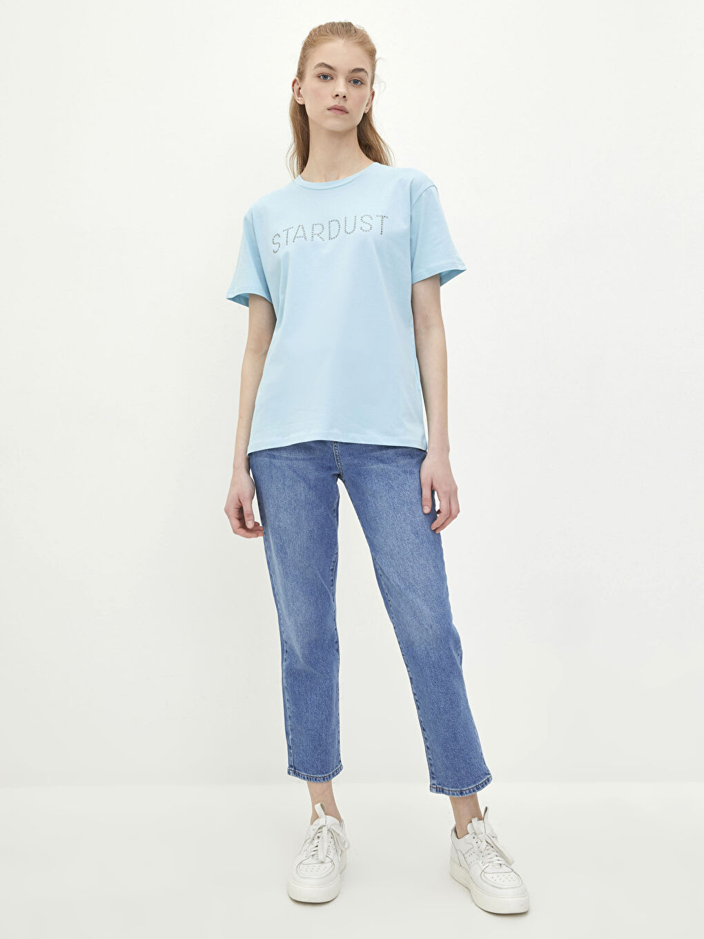 Mavi Bisiklet Yaka Baskılı Kısa Kollu Pamuklu Kadın Tişört-2