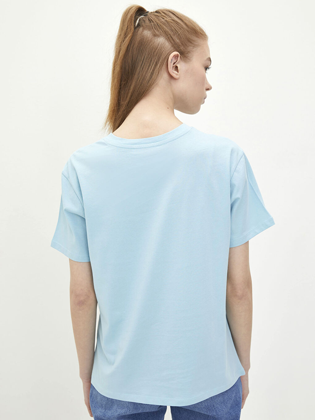 Mavi Bisiklet Yaka Baskılı Kısa Kollu Pamuklu Kadın Tişört-4