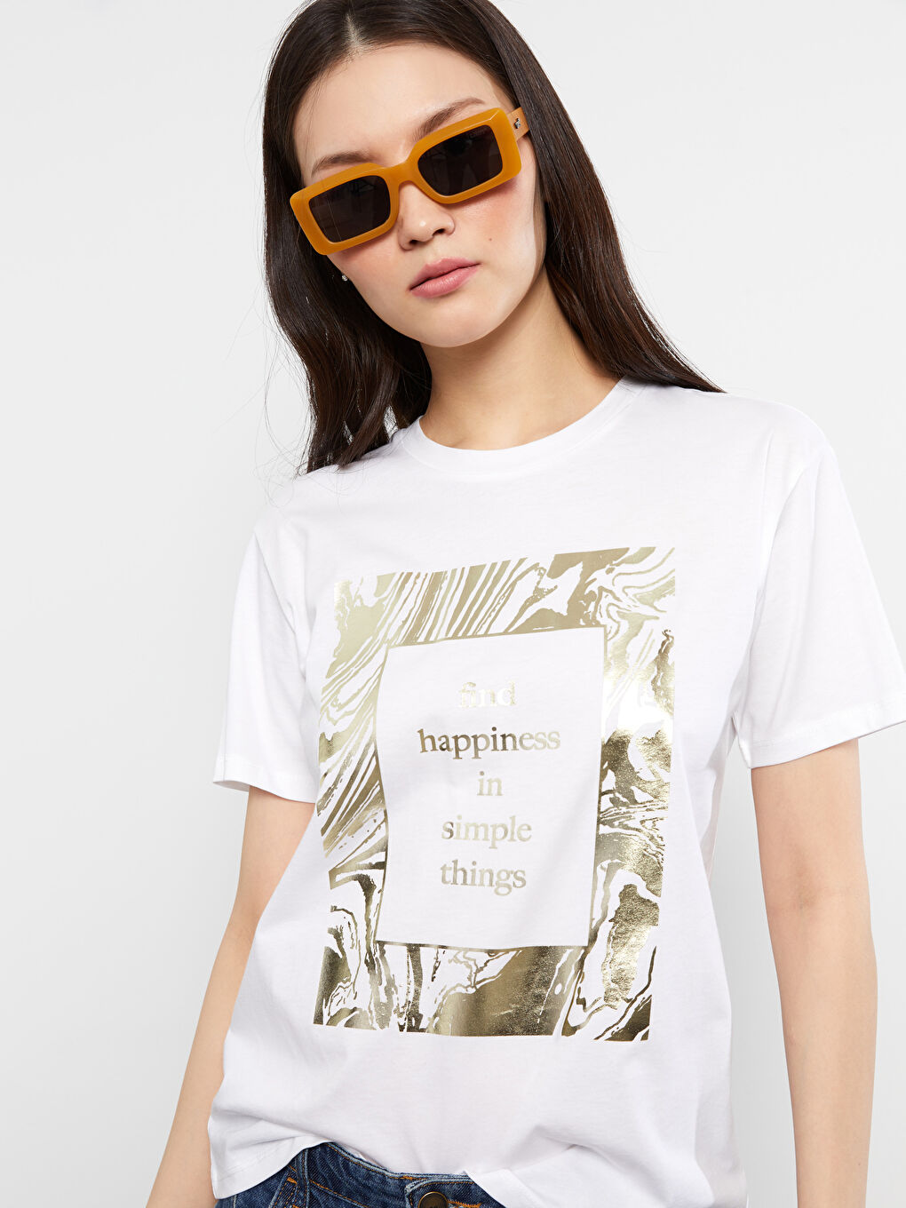 Beyaz Bisiklet Yaka Baskılı Kısa Kollu Pamuklu Kadın Tişört-2