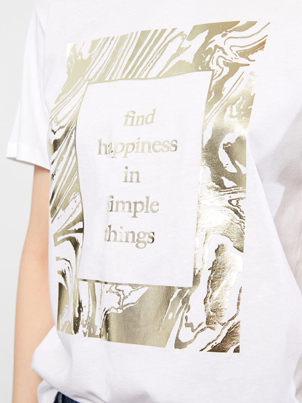 Beyaz Bisiklet Yaka Baskılı Kısa Kollu Pamuklu Kadın Tişört-3