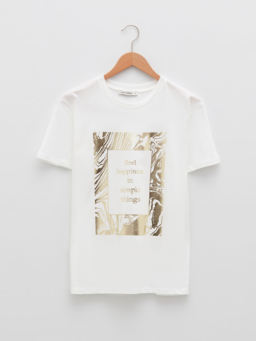 Beyaz Bisiklet Yaka Baskılı Kısa Kollu Pamuklu Kadın Tişört-5