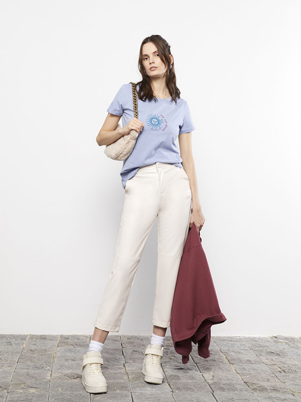 LCW Vision Crew Neck Printed Short Sleeve Cotton Women's T-shirt -S2GF56Z8-GCK