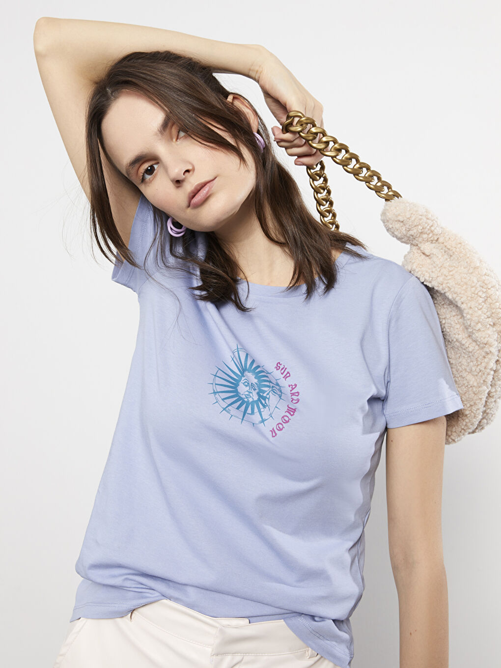 LCW Vision Crew Neck Printed Short Sleeve Cotton Women's T-shirt -S2GF56Z8-GCK