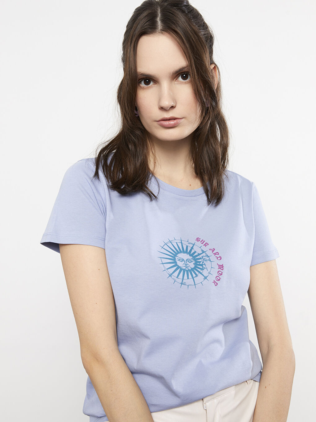 LCW Vision Crew Neck Printed Short Sleeve Cotton Women's T-shirt -S2GF56Z8-GCK