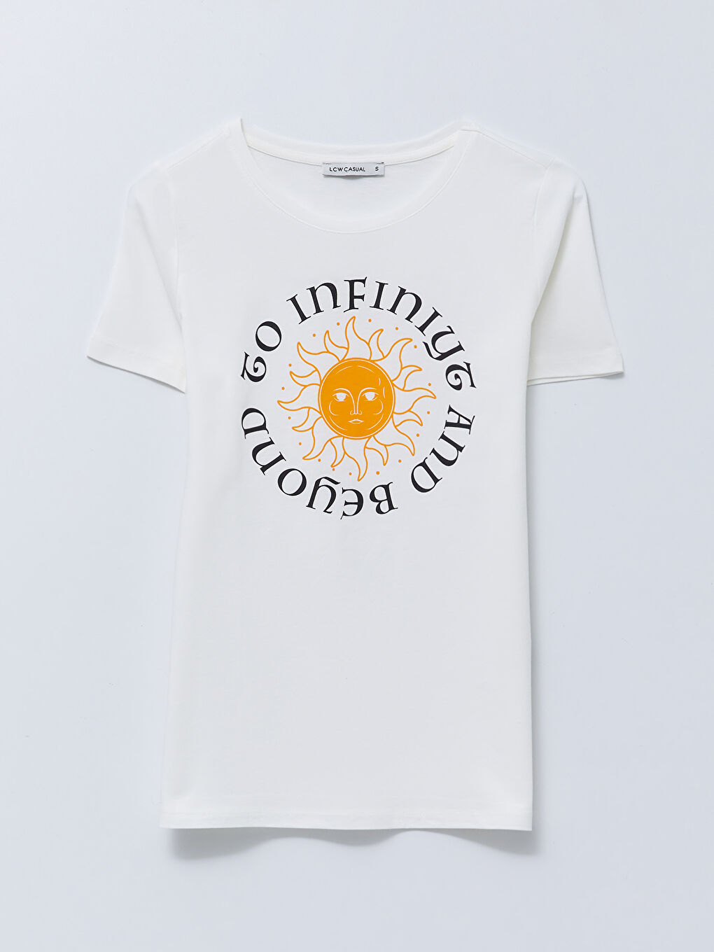 Ekru Bisiklet Yaka Baskılı Kısa Kollu Pamuklu Kadın Tişört-5