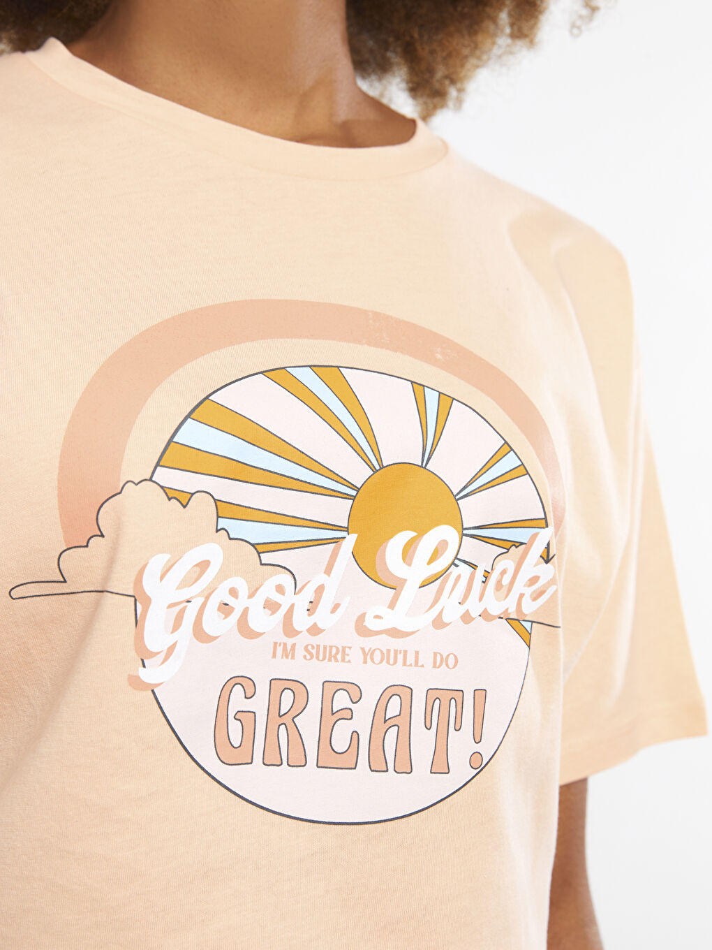 Mercan Bisiklet Yaka Baskılı Kısa Kollu Pamuklu Kadın Tişört-2