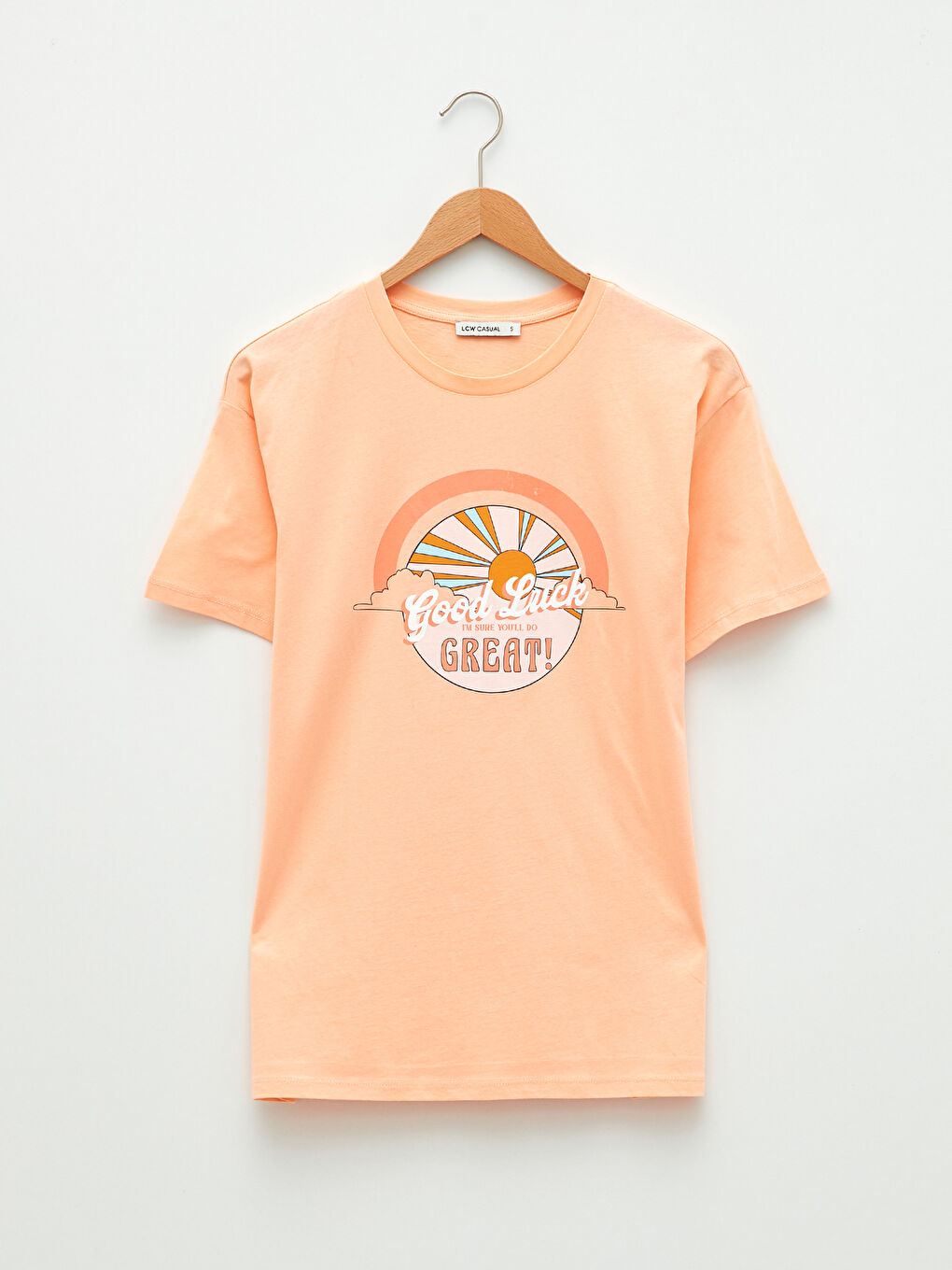 Mercan Bisiklet Yaka Baskılı Kısa Kollu Pamuklu Kadın Tişört-4