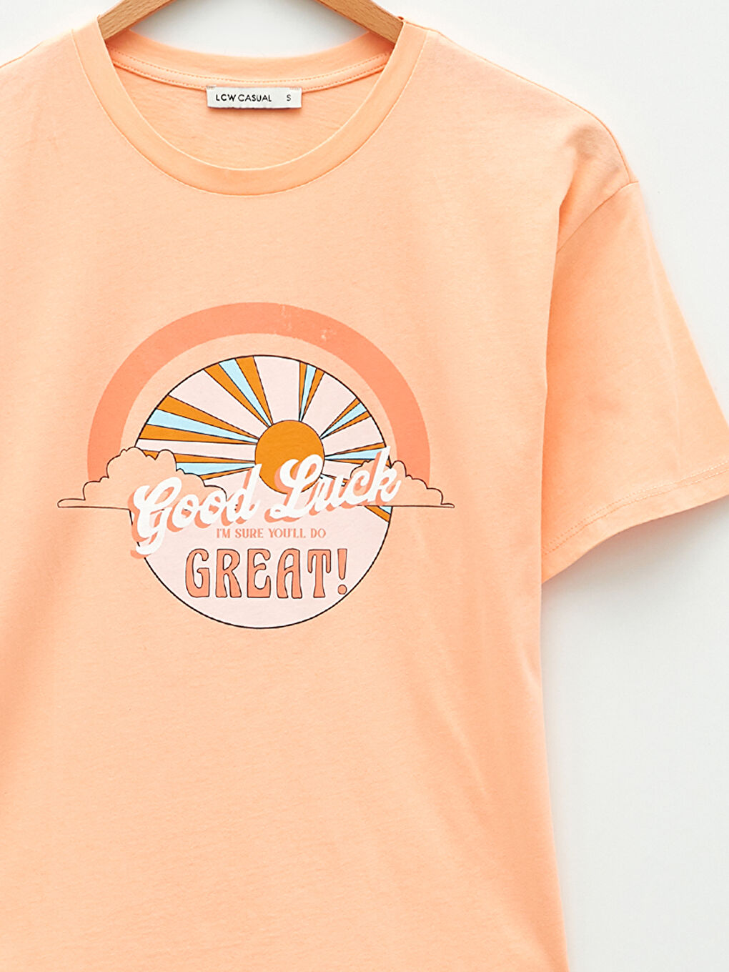 Mercan Bisiklet Yaka Baskılı Kısa Kollu Pamuklu Kadın Tişört-6