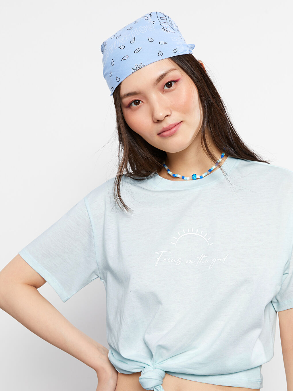 Tricou din Bumbac cu Mânecă Scurtă Imprimat și Guler Rotund pentru Femei-1