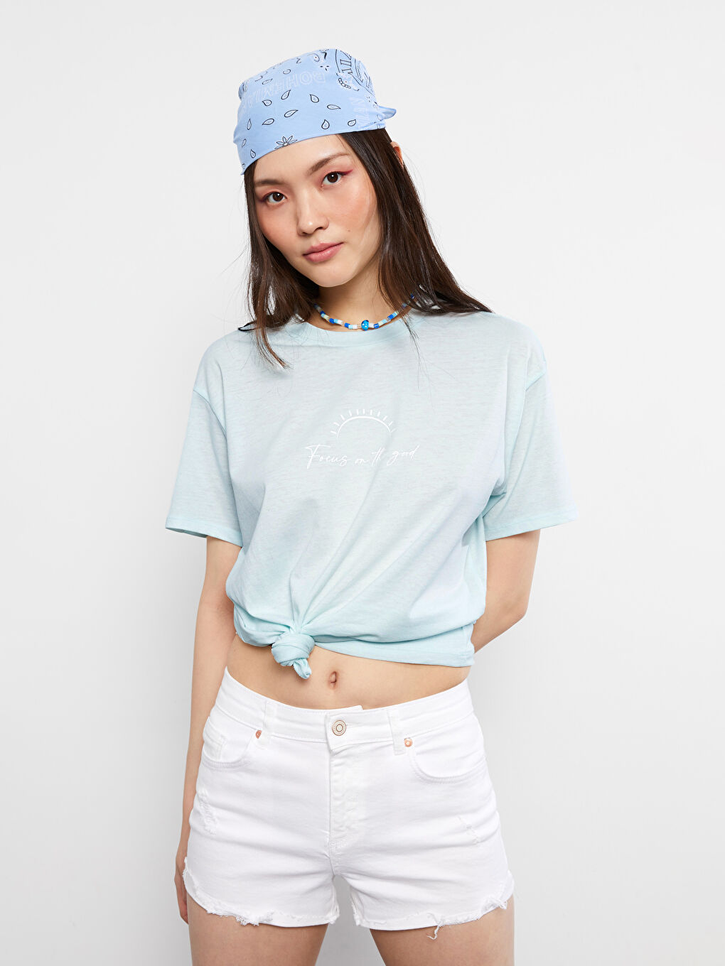 Tricou din Bumbac cu Mânecă Scurtă Imprimat și Guler Rotund pentru Femei-2