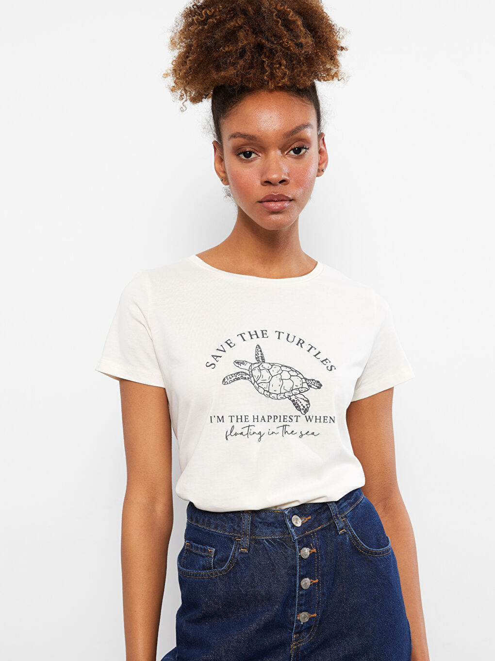 Crew Neck Printed Short Sleeve Cotton Women's T-shirt-3