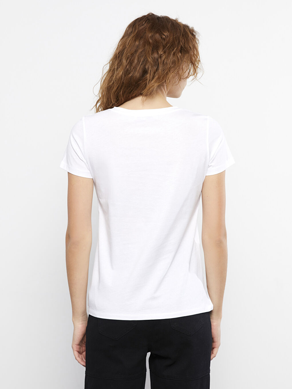 Beyaz Bisiklet Yaka Baskılı Kısa Kollu Pamuklu Kadın Tişört-3