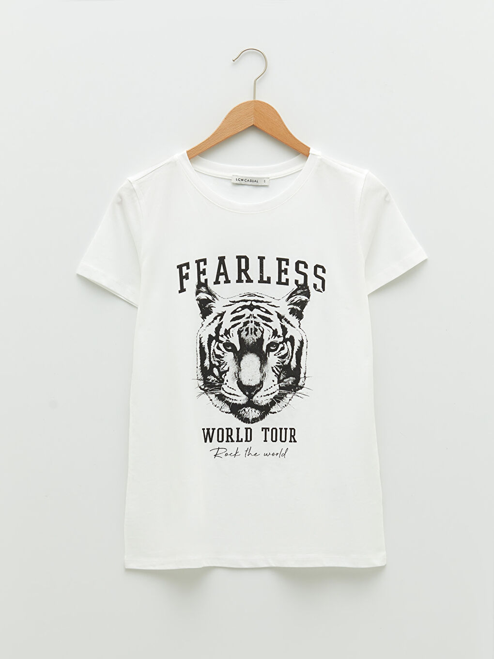 Beyaz Bisiklet Yaka Baskılı Kısa Kollu Pamuklu Kadın Tişört-4