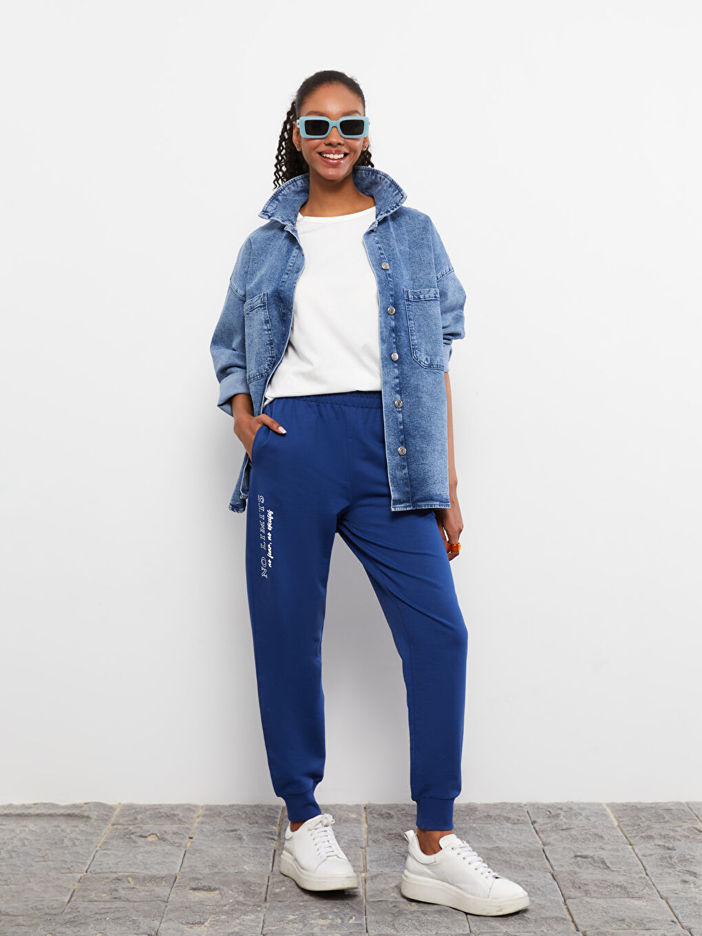 Lacivert Beli Lastikli Baskılı Kadın Jogger Eşofman Altı