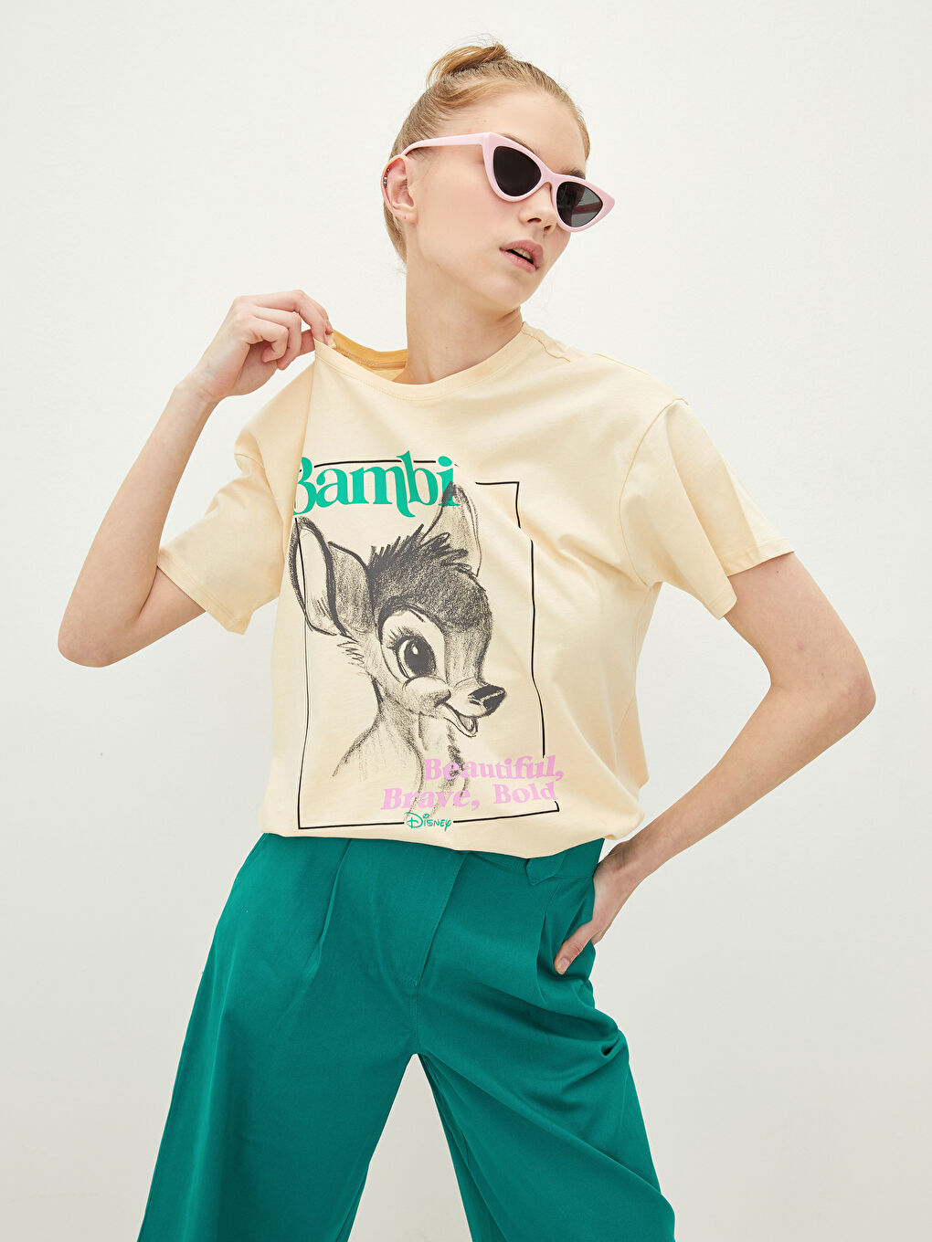 LCW Vision Crew Neck Bambi Printed Short Sleeve Cotton Women's T-Shirt -S2GG06Z8-FWC