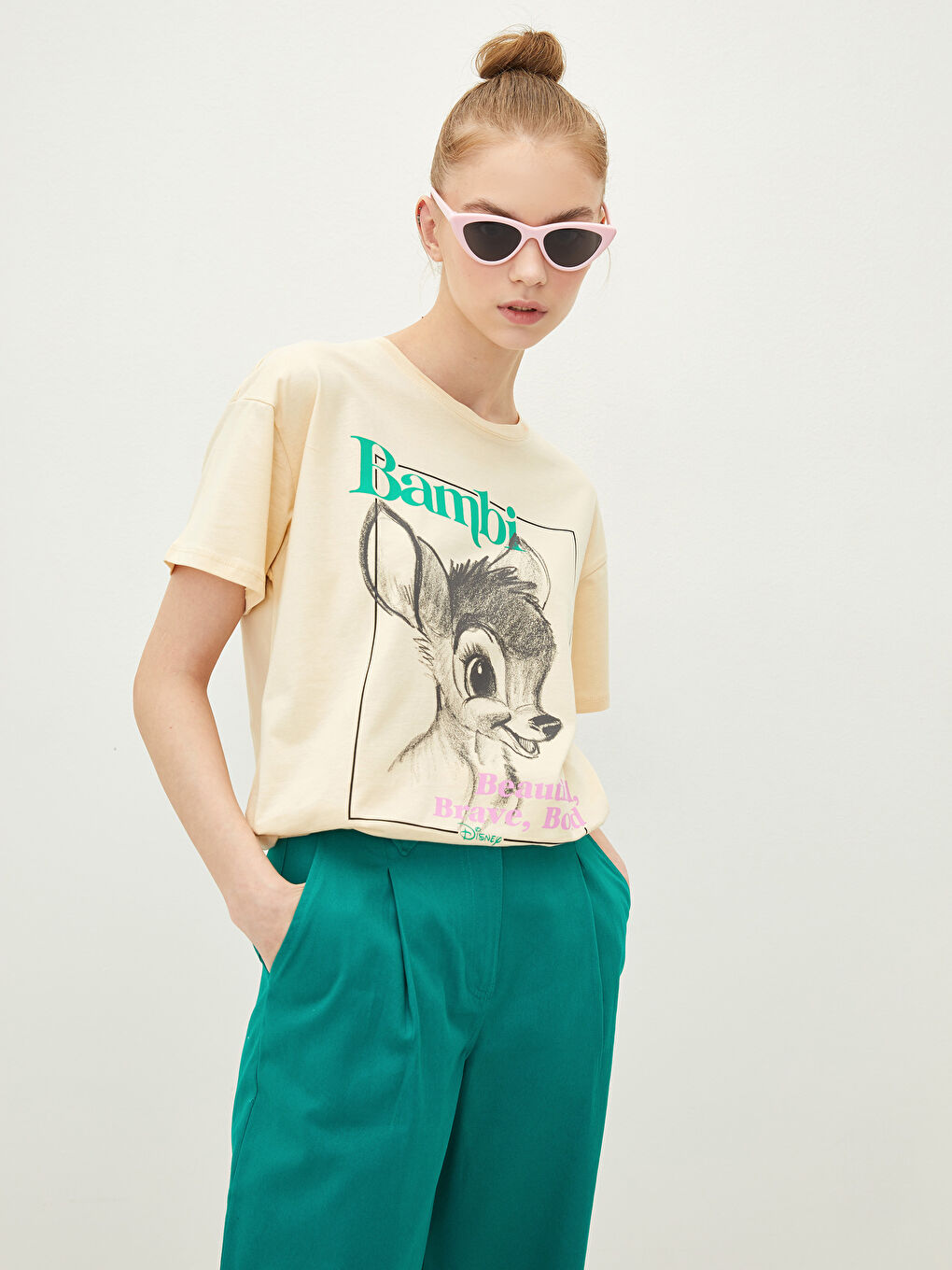 LCW Vision Crew Neck Bambi Printed Short Sleeve Cotton Women's T-Shirt -S2GG06Z8-FWC