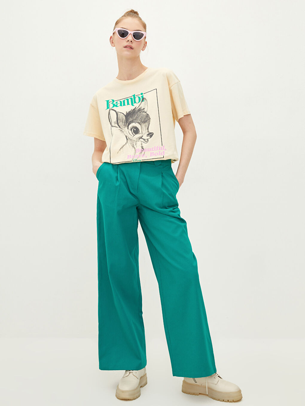 LCW Vision Crew Neck Bambi Printed Short Sleeve Cotton Women's T-Shirt -S2GG06Z8-FWC