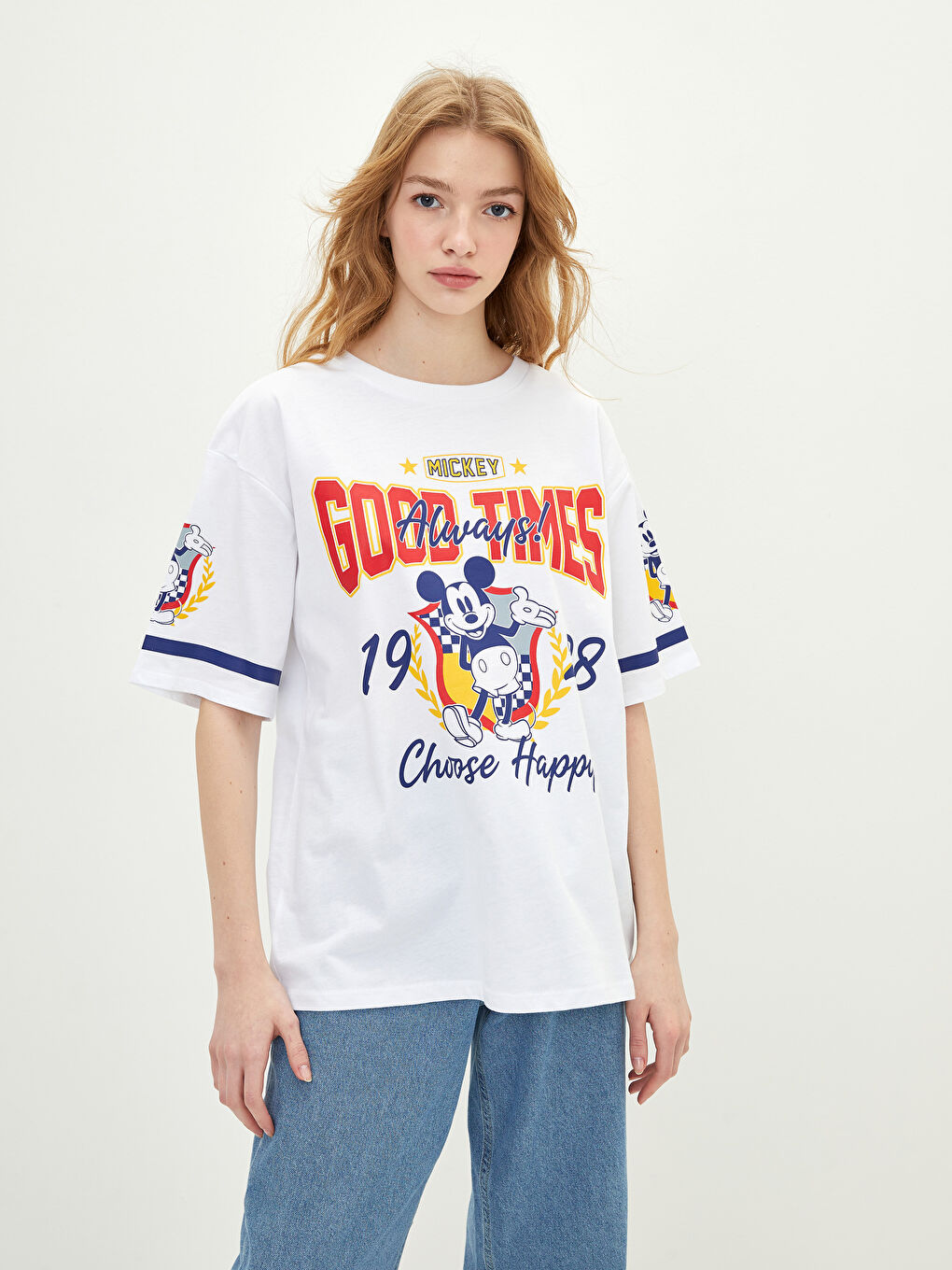 Crew Neck Mickey Mouse Printed Short Sleeve Cotton Women's T-Shirt-1